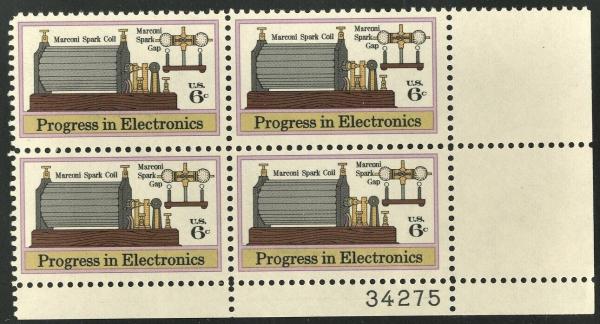 United States | Marconi Spark Coil Plate Block of Four 6-Cent United States Postage Stamps Issued 1973 Stamp United States