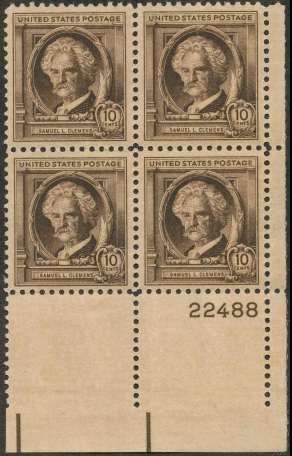 United States | Mark Twain Plate Block of Four 10-Cent United States Postage Stamps Issued 1940 Stamp United States