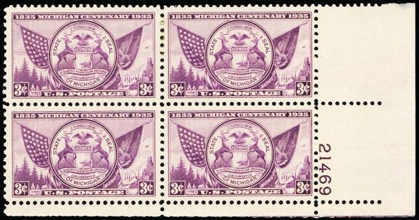 United States | Michigan Centenary Plate Block of Four 3-Cent United States Postage Stamps Issued 1935 Stamp United States