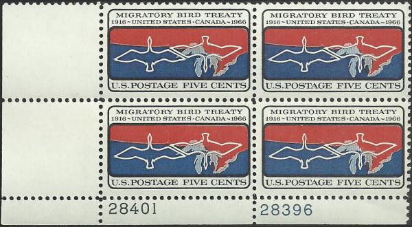 United States | Migratory Birds Plate Block of Four 5-Cent United States Postage Stamps Issued 1966 Stamp United States