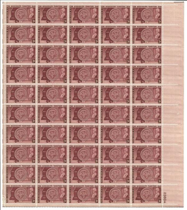 United States | Mississippi Territory Sheet of Fifty 3-Cent United States Postage Stamps Issued 1948 Stamp United States