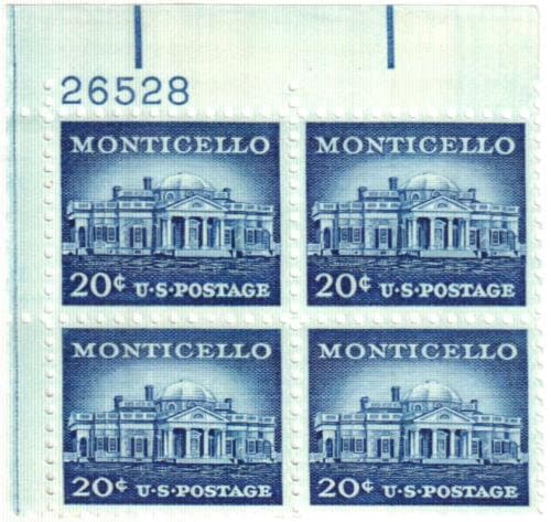 United States | Monticello Plate Block of Four 20-Cent United States Postage Stamps Issued 1956 Ultramarine Stamp Ultramarine