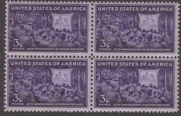 United States | Motion Pictures Block of Four 3-Cent United States Postage Stamps Issued 1944 Stamp United States