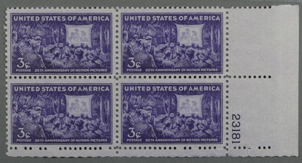 United States | Motion Pictures Plate Block of Four 3-Cent United States Postage Stamps Issued 1944 Stamp United States