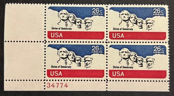 United States | Mount Rushmore Plate Block of Four 26-Cent United States Air Mail Postage Stamps Issued 1974 Stamp United States