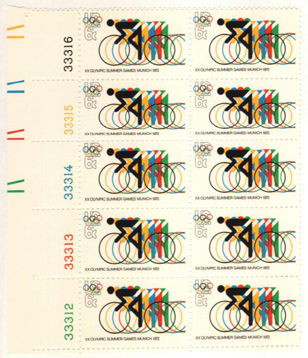 United States | Munich Summer Olympic Games Plate Block of Ten US 6-Cent Postage Stamps Issued 1972 Stamp United States