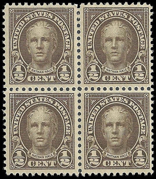 United States | Nathan Hale Block of Four Half-Cent United States Postage Stamps Issued 1922 Olive brown Stamp Olive brown