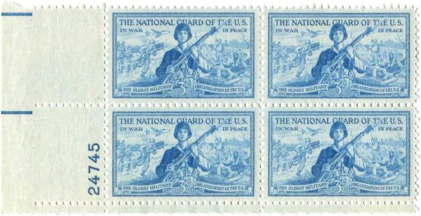 United States | National Guard Plate Block of Four 3-Cent United States Postage Stamps Issued 1953 blue Stamp Blue