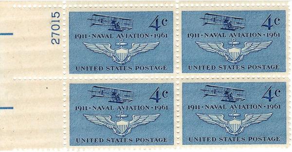 United States | Naval Aviation Plate Block of Four 4-Cent United States Postage Stamps Issued 1961 Blue Stamp Blue