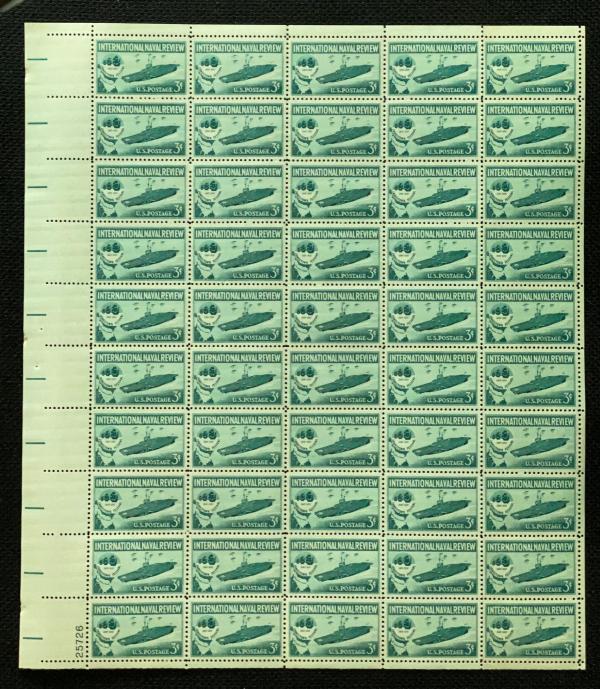 United States | Naval Review Sheet of Fifty 3-Cent United States Postage Stamps Issued 1957 Bluish green Stamp Bluish green