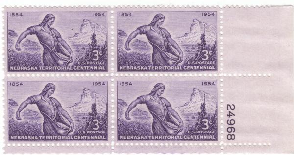 United States | Nebraska Territory Plate Block of Four 3-Cent United States Postage Stamps Issued 1954  Violet Stamp United States