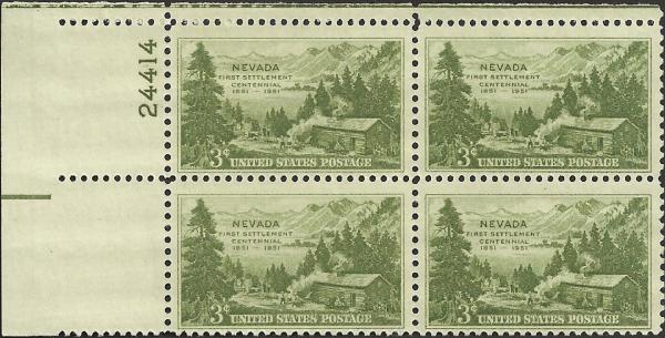 United States | Nevada Centennial Plate Block of Four 3-Cent United States Postage Stamps Issued 1951 Stamp United States