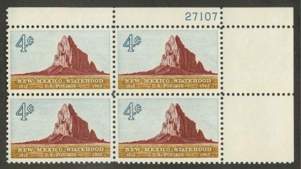 United States | New Mexico Statehood Plate Block of Four 4-Cent United States Postage Stamps Issued 1962 Light blue, maroon and bister Stamp Light blue, maroon & bister