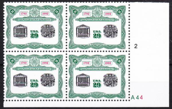 United States | New York Stock Exchange Plate Block of Four 29-Cent United States Postage Stamps Issued 1992 Green, red and black Stamp Green, red & black