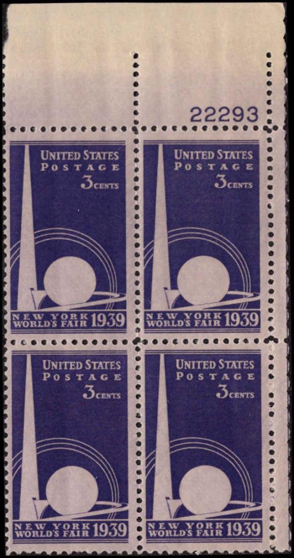 United States | New York World Fair Plate Block of Four 3-Cent United States Postage Stamps Deep Purple Stamp Deep Purple