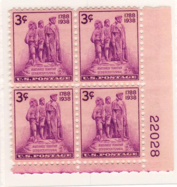 United States | Northwest Territory Plate Block of Four 3-Cent United States Postage Stamps Issued 1938 Bright violet Stamp Bright violet