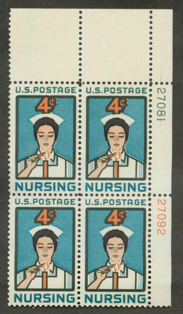 United States | Nursing Plate Block of Four 4-Cent United States Postage Stamps Issued 1961 Blue, green, orange and black Stamp Blue, green, orange & black