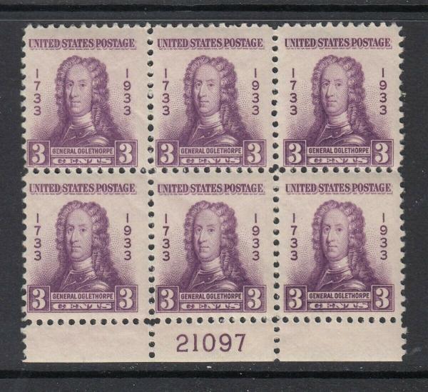 United States | Oglethorpe Plate Block of Six 3-Cent United States Postage Stamps Issued 1933 Stamp United States