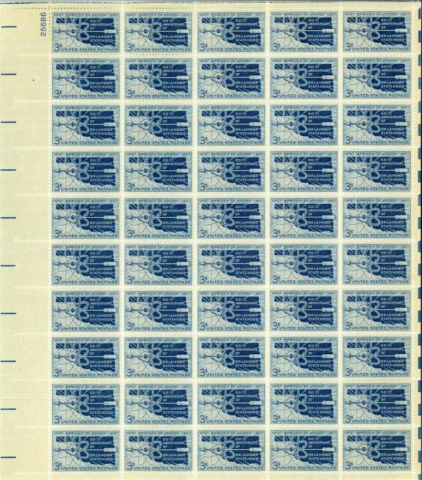 United States | Oklahoma Statehood Sheet of Fifty 3-Cent United States Postage Stamps Issued 1957 Stamp United States