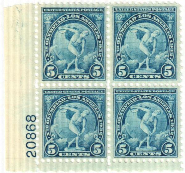 United States | Olympic Discus Thrower Plate Block of Four 5-Cent United States Postage Stamps Issued 1932 Stamp United States