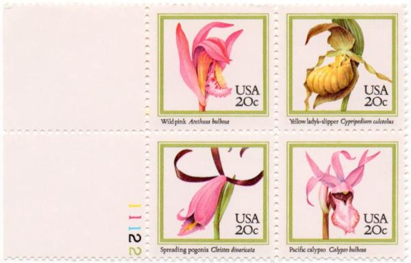 United States | Orchids Plate Block of Four 20-Cent United States Postage Stamps Issued 1984 Stamp United States