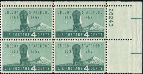 United States | Oregon Statehood Plate Block of Four 4-Cent United States Postage Stamps Issued 1959  Bluish green Stamp Bluish green