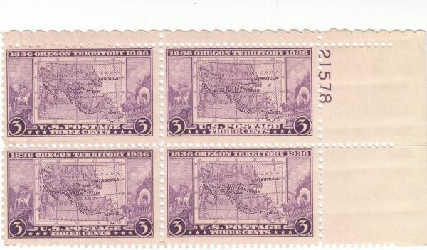 United States | Oregon Territory Plate Block of Four 3-Cent United States Postage Stamps Issued 1936 Stamp United States