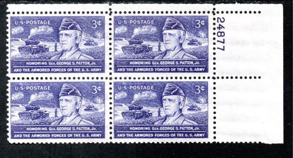 United States | Patton Plate Block of Four 3-Cent United States Postage Stamps Issued 1953 Blue violet Stamp Blue violet