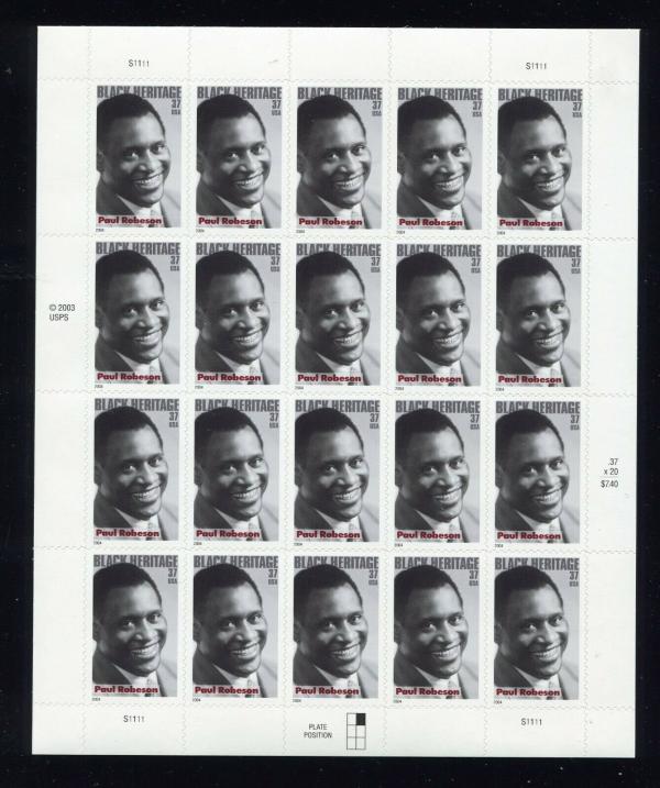 United States | Paul Robeson Sheet of Twenty 37-Cent United States Postage Stamps Issued 2004 Stamp United States