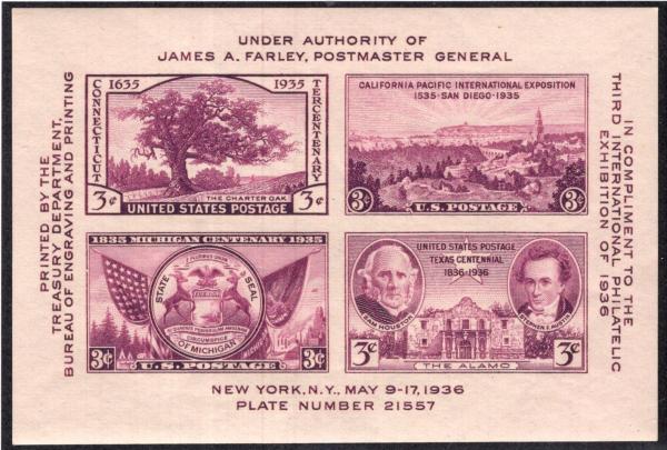 United States | Philatelic Exposition Souvenir Sheet of Four United States Postage Stamps Issued 1936 Violet Stamp United States