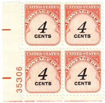 United States | Plate Block of Four United States 4-Cent Postage Due Stamps Issued 1959 Stamp United States