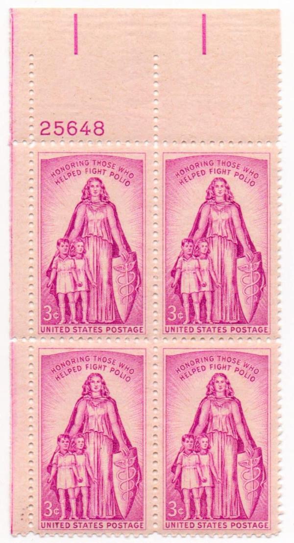 United States | Polio Plate Block of Four 3-Cent United States Postage Stamps Issued 1957  Red lilac Stamp Red lilac