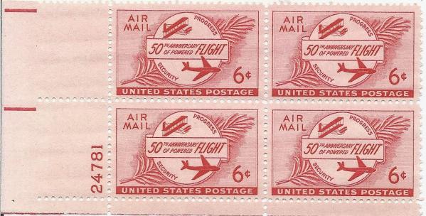 United States | Powered Flight Plate Block of Four 6-Cent United States Air Mail Postage Stamps Issued 1953 Carmine Stamp Carmine