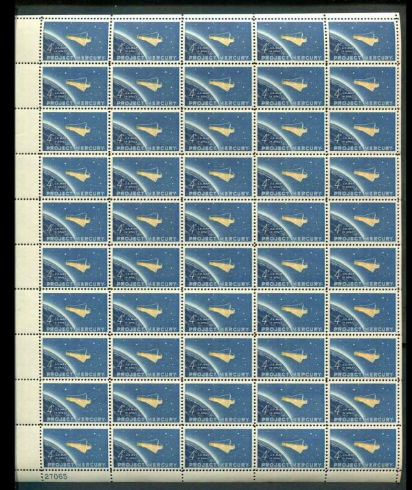 United States | Project Mercury Sheet of Fifty 4-Cent United States Postage Stamps Issued 1962 Dark blue and yellow Stamp Dark blue & yellow