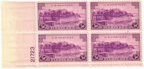 United States | Puerto Rico La Fortaleza Plate Block of Four 3-Cent US Postage Stamps Issued 1937 Bright violet Stamp Bright violet