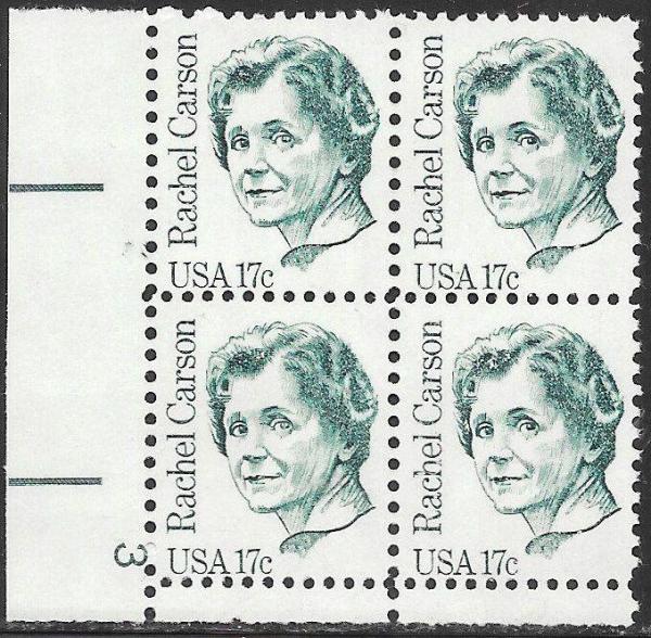 United States | Rachel Carson Plate Block of Four 17-Cent United States Postage Stamps Issued 1981 Green Stamp Green