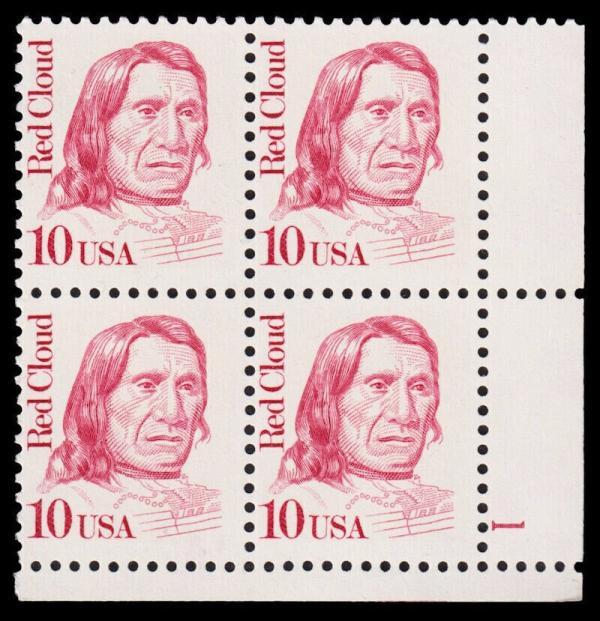 United States | Red Cloud Plate Block of Four 10-Cent United States Postage Stamps Issued 1987 Stamp United States