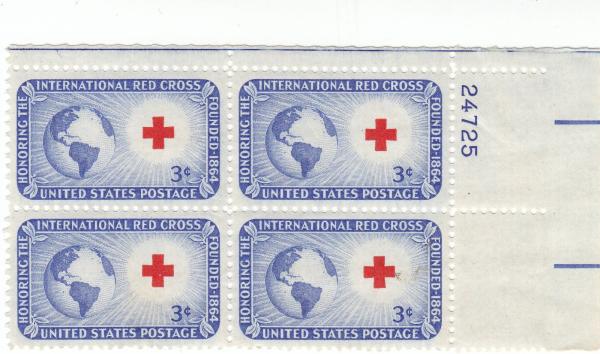 United States | Red Cross Plate Block of Four 3-Cent United States Postage Stamps Issued 1952 Deep blue and carmine Stamp Deep blue & carmine