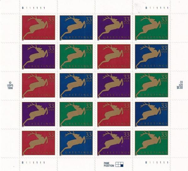 United States | Reindeer Mint Sheet of Twenty 33-Cent United States Christmas Postage Stamps Issued 1999 Gold and red, blue, purple or green Stamp Gold & red, blue, purple or green