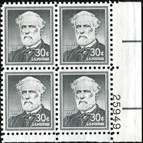 United States | Robert E Lee Plate Block of Four 30-Cent US Postage Stamps Issued 1955 Black Stamp Black