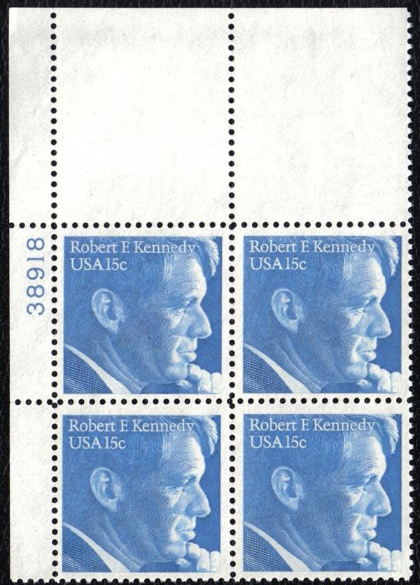 United States | Robert F Kennedy Plate Block of Four 15-Cent United States Postage Stamps Issued 1979 Blue Stamp Blue