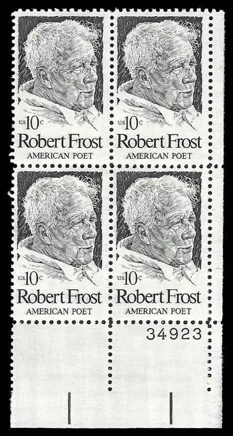 United States | Robert Frost Plate Block of Four 10-Cent United States Postage Stamps Issued 1974 Blue and Grey Stamp Blue & Grey