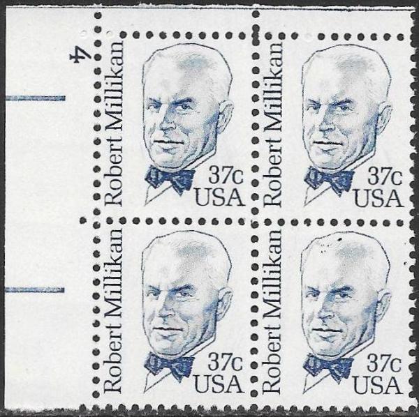 United States | Robert Millikan Plate Block of Four 37-Cent United States Postage Stamps Issued 1982 Blue Stamp Blue