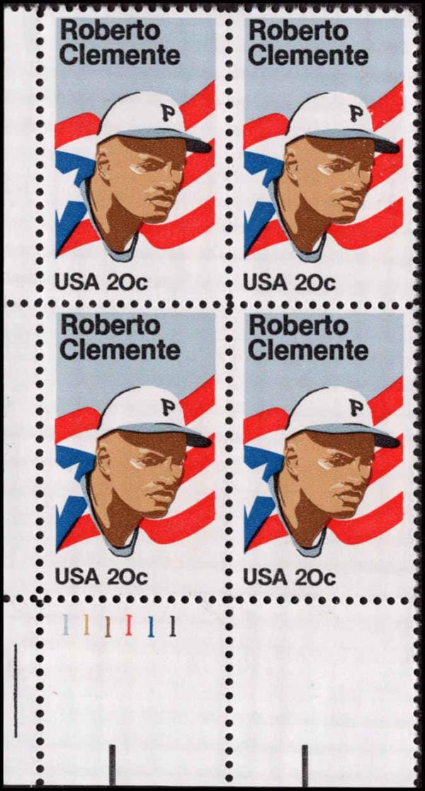 United States | Roberto Clemente Baseball Player Plate Block of Four 20-Cent United States Postage Stamps Issued 1984 Stamp United States