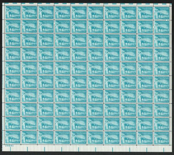 United States | Santa Fe Sheet of One Hundred 1-1/4 Cent United States Postage Stamps Issued 1960 Turquoise Stamp Turquoise