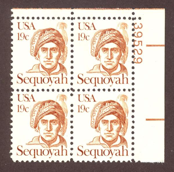 United States | Sequoyah Plate Block of Four 19-Cent United States Postage Stamps Issued 1980 Brown Stamp Brown