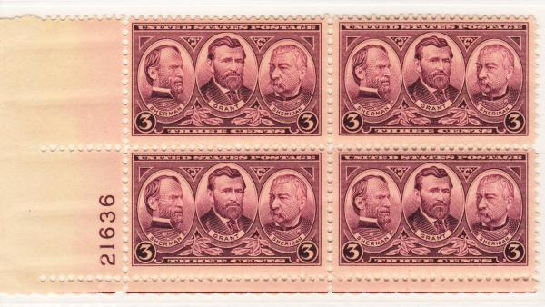 United States | Sherman Grant and Sheridan Plate Block of Four 3-Cent United States Postage Stamps Stamp United States