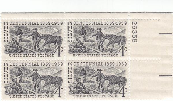 United States | Silver Centennial Comstock Lode In Nevada Plate Block of Four 4-Cent United States Postage Stamps Stamp United States