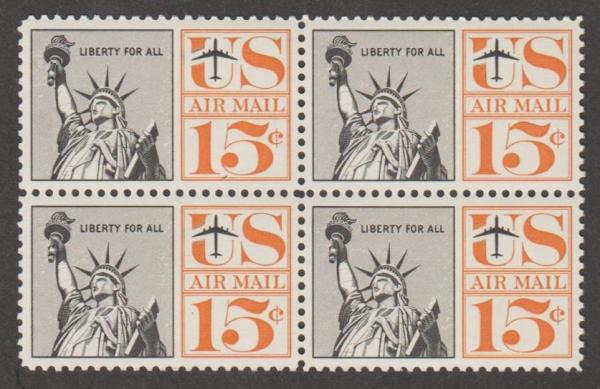 United States | Statue of Liberty Block of Four 15 Cent United States Air Mail Postage Stamps Black and orange Stamp Black & orange