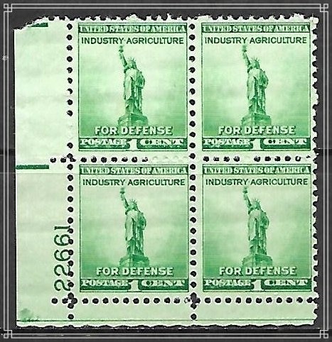 United States | Statue of Liberty Plate Block of Four 1-Cent United States Postage Stamps Issued 1940 Light blue green Stamp Light blue green